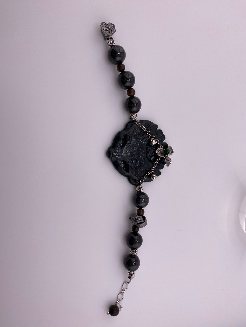 🦊 Black Jade Fox Head Tibetan Silver Flower & Bell Charm Bracelet